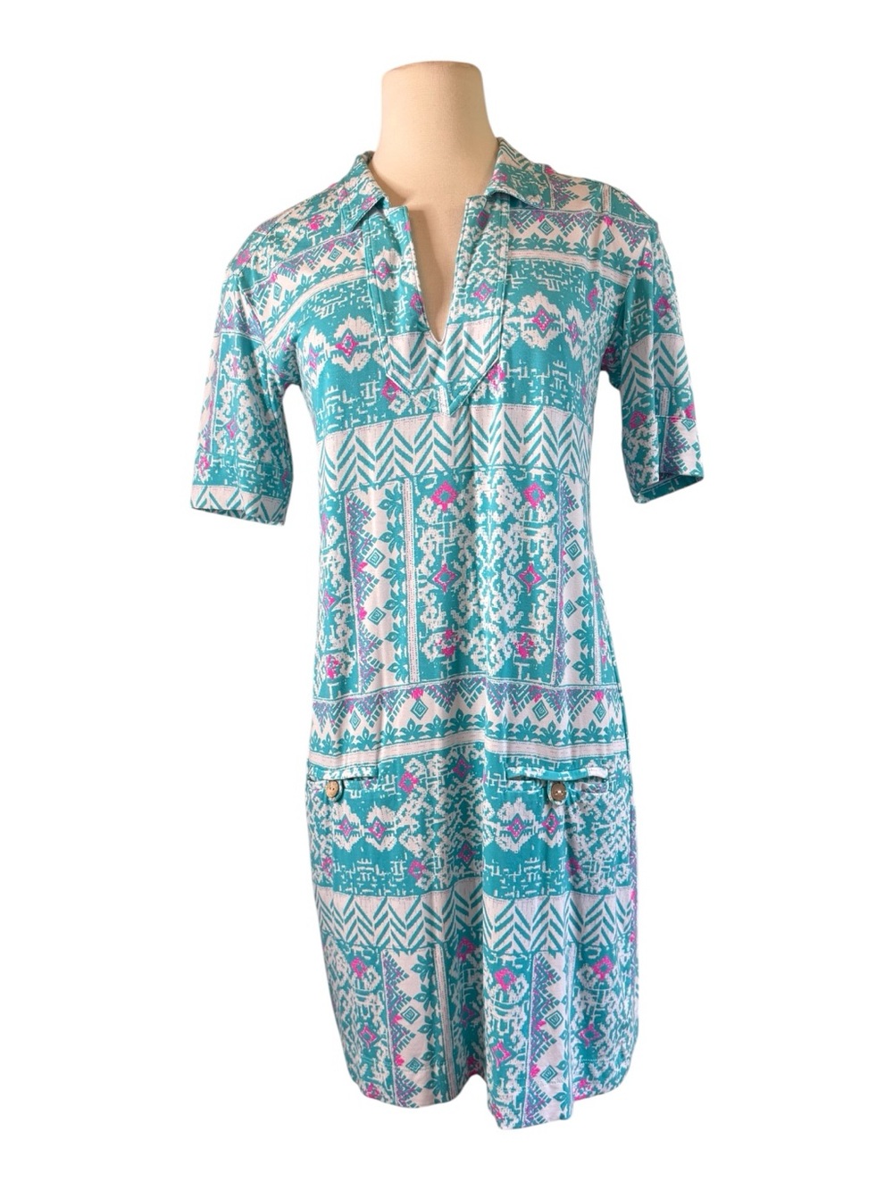 Tori Richard Teal tshirt dress with Pink Accents